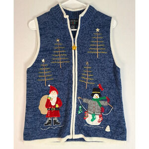 Vintage Ugly Christmas Sweater Vest Small Blue Knit Santa Snowman Festive Zip Up